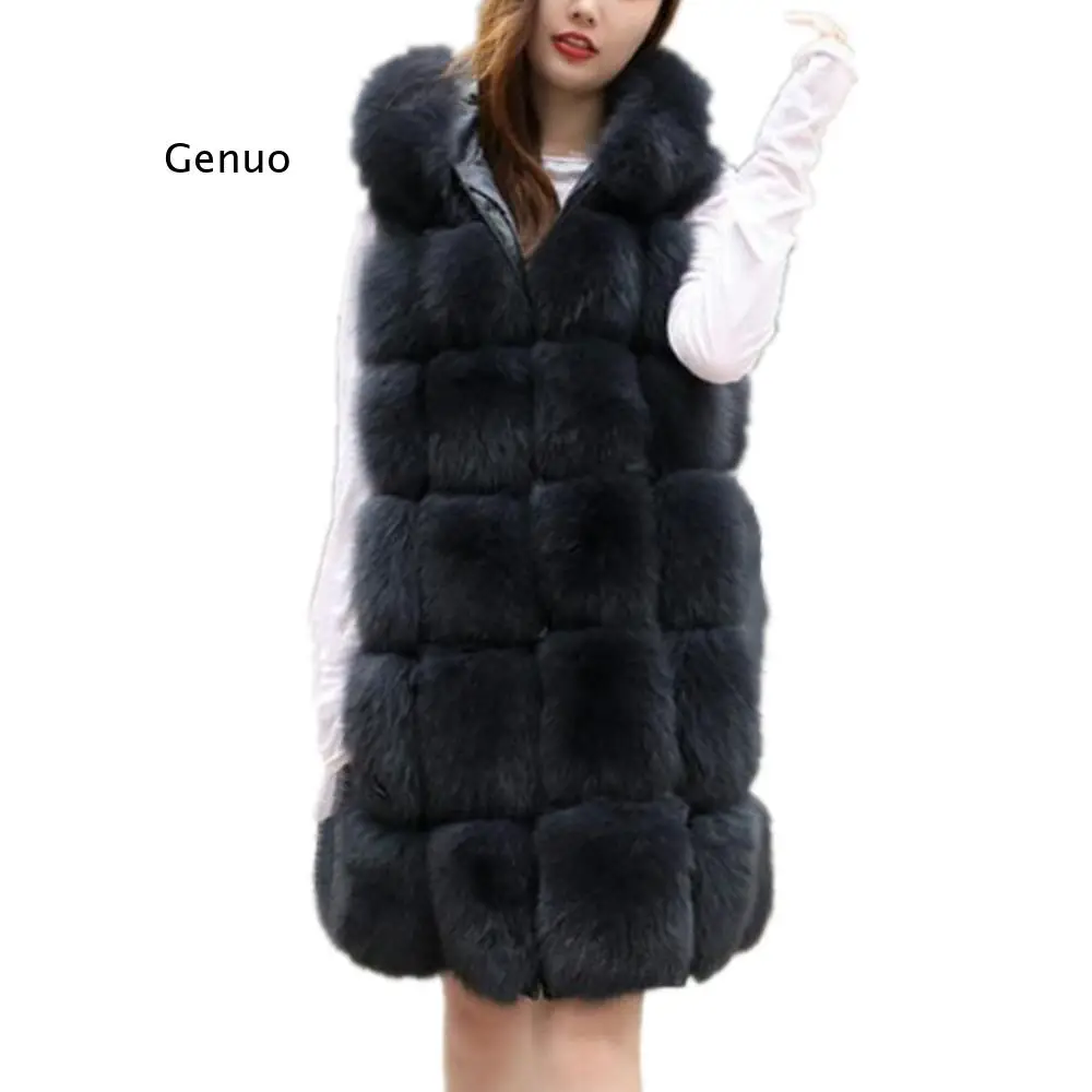 New Winter 90Cm Thick Warm Faux Silver Fox Fur Sleeveless Vest with Hooded Women Faux Fur Vest Coat Long Fur Coat Jacket