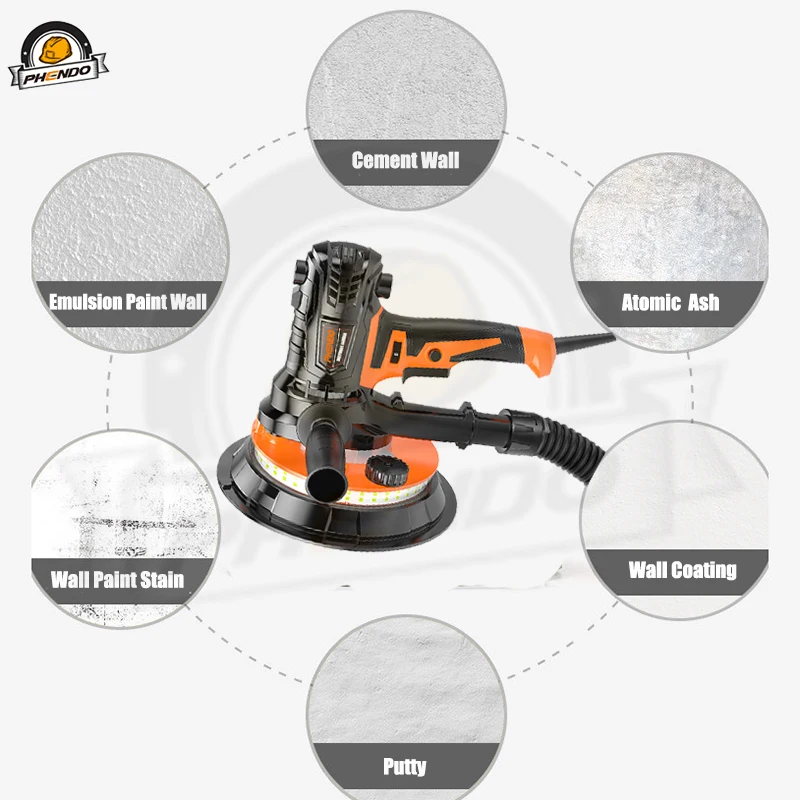 PHENDO Electric Drywall Sander With LED Lights DryWall Tool Hand-held 900W Five Speed Switch Wall Polishing Machine