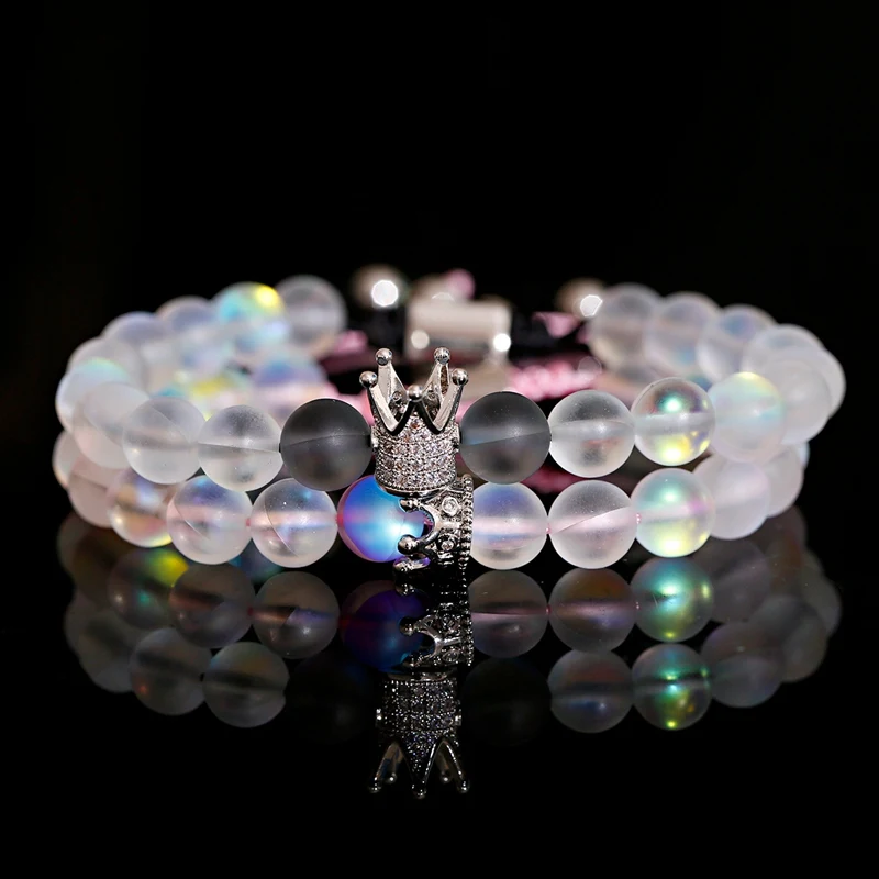 2Pcs/Set Couple Bracelets For Women Men Charm Bnagles Bracelet Luxury Jewelry Classic 8mm MoonStone Bead&CZ Crown Bracelet