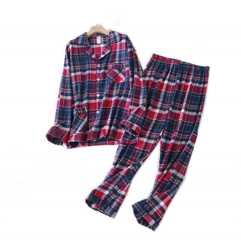 Spring Autumn Men Plaid Pajama Sets Male Cotton Sleepwear Suit Plus Size Pajama Sets Long Sleeve Turn-down Collar Shirt & Pants