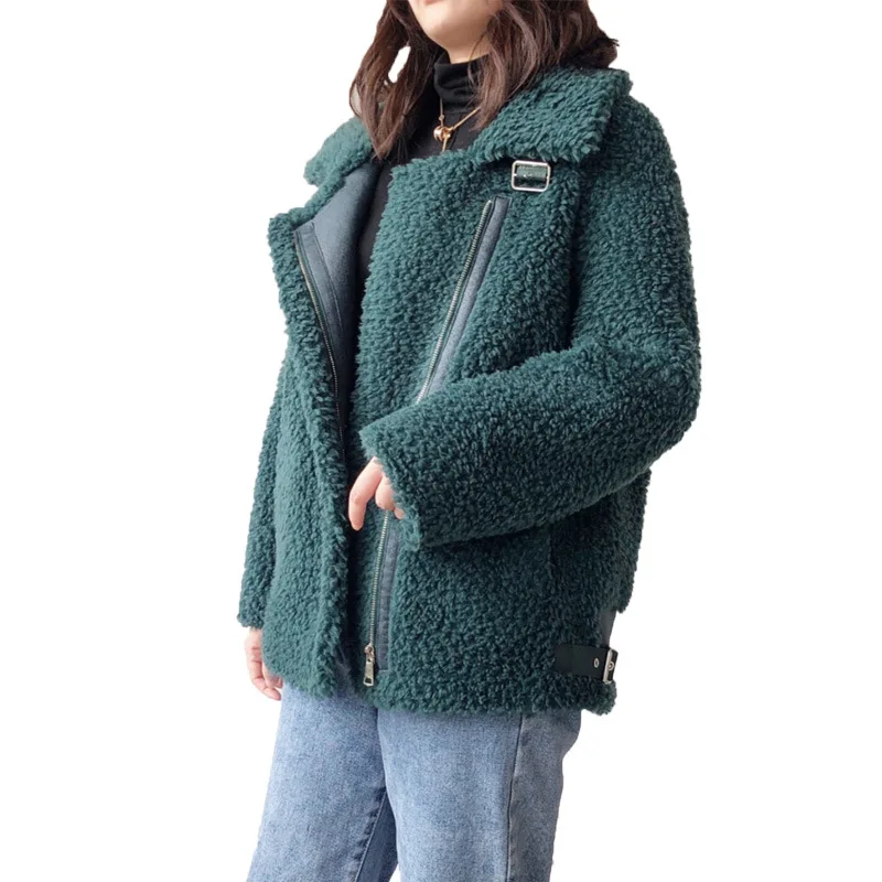 Winter Lamb Wool Coat College Wool Granule Sheep Shearing Fleece Motorcycle Jacket Women\'s Short Zipper Warm Coats Green Red