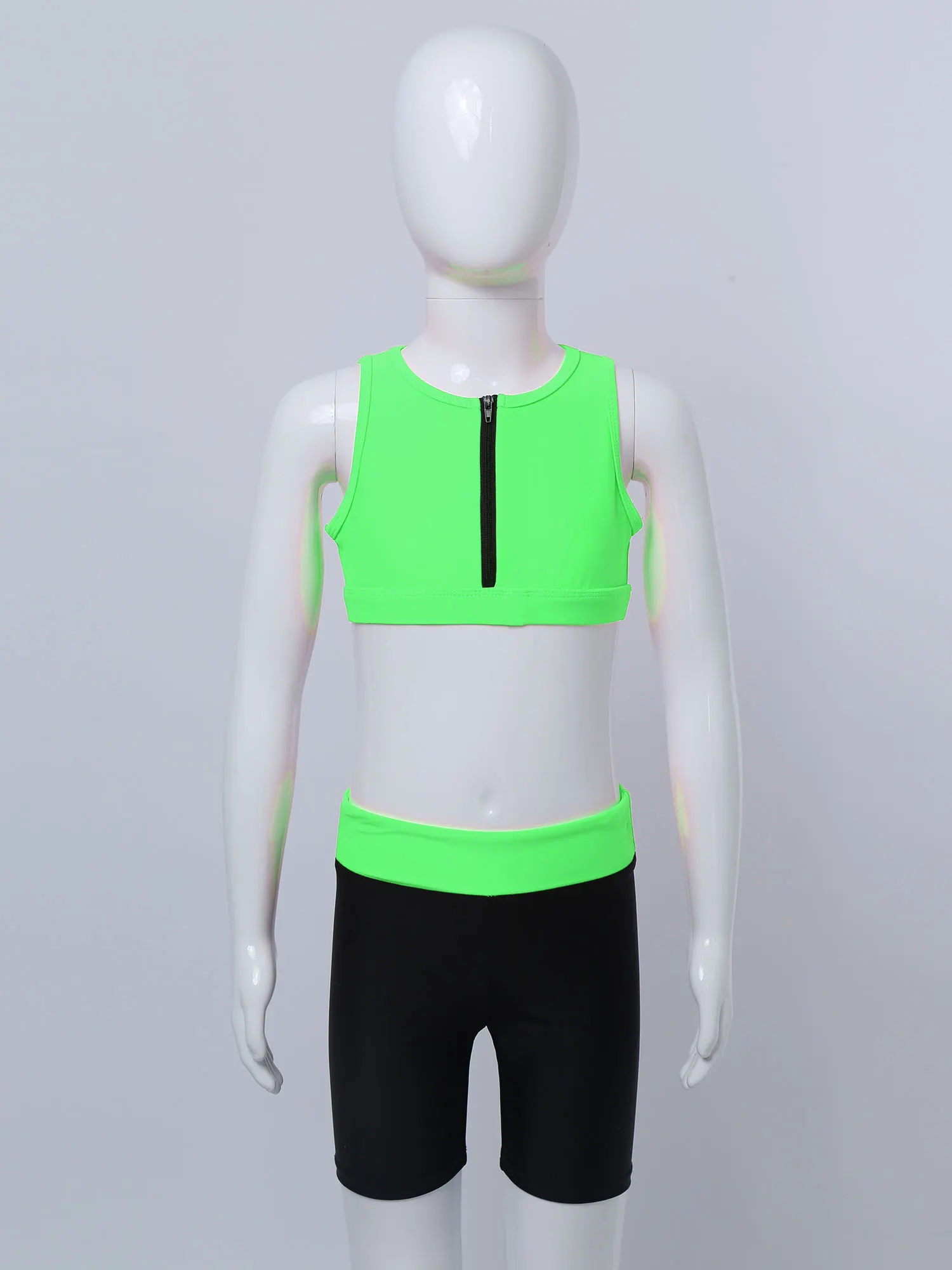 Summer 2Pcs Outfits Girls Color Block Sport Suit Sleeveless Zipper Tank Crop Top Sports Shorts Breathable Running Gym Tracksuit