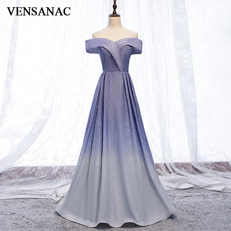 

VENSANAC Elegant Boat Neck Gradient Color A Line Long Evening Dresses Party Sequined Backless Prom Gowns