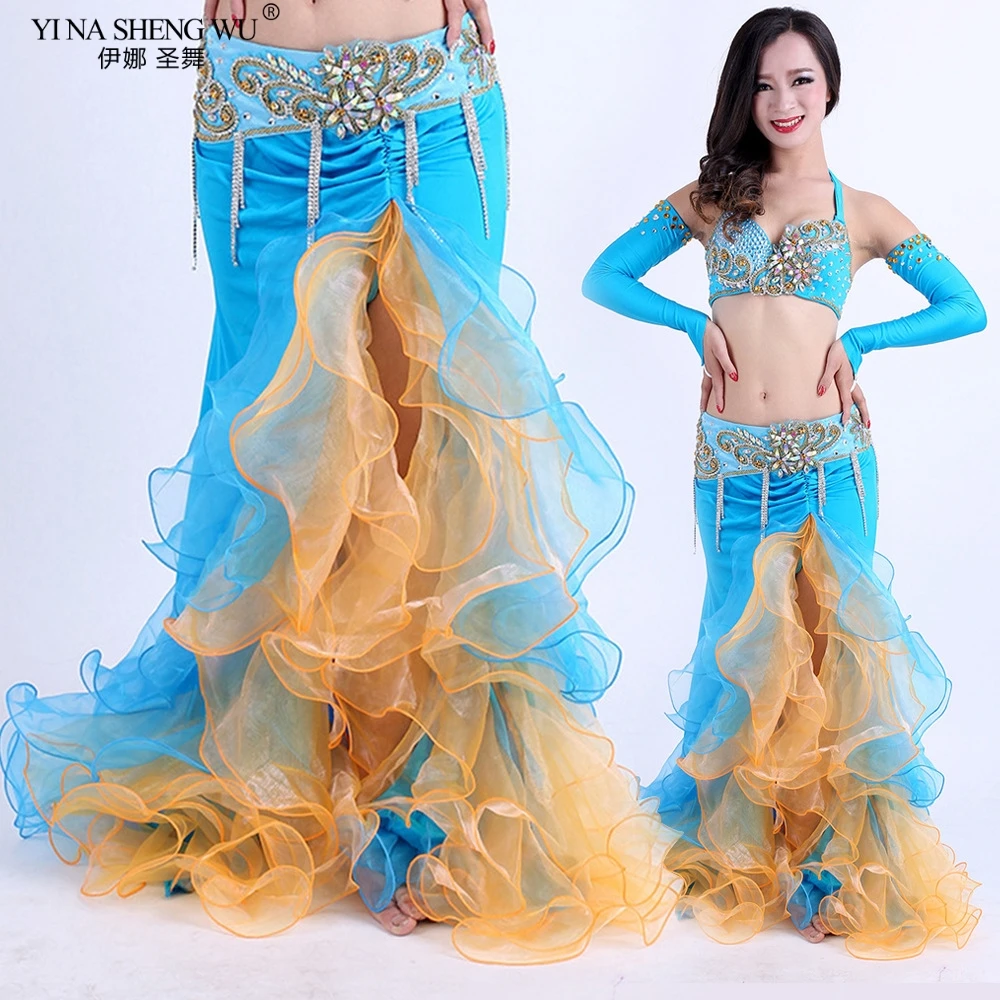 Nuovo Costume di Bellydance Side Split Pannello Esterno Con Doppio Colore di Danza Del Ventre Prestazioni A Lungo del Pannello Esterno Dell'increspatura Dei Vestiti Della Fase di Usura Adulto