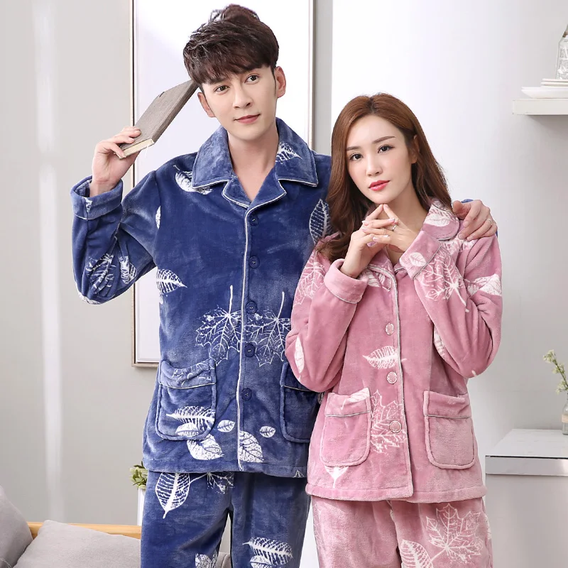 

Winter Fall Couple Pyjamas Suit Thick Warm Flannel Women Pajamas Sets Full Sleeve Leaf Pattern Sleepwear Men Pijamas Homewear