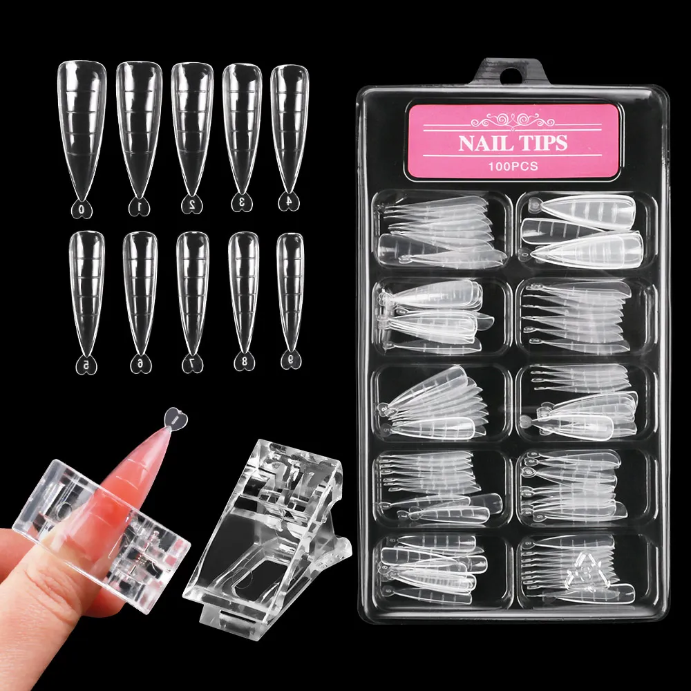 100pcs Clear Almond Long Style Nail False Tips with Nail Clip Stiletto Plastic Nails UV Gel French Manicure Full Cover Tip