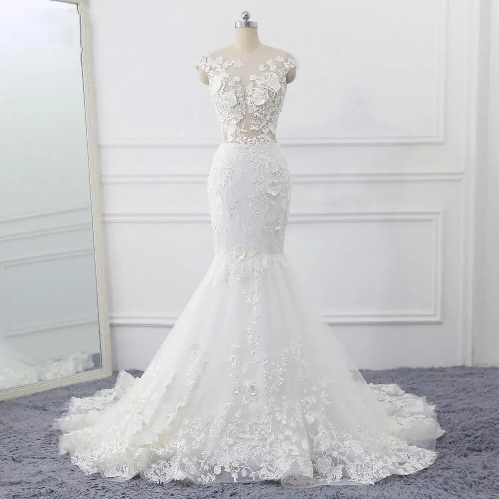 Sexy Mermaid Wedding Dress Illusion O Neck Short Sleeve Lace Appiques Bridal Gowns Zipper Back Bride Dresses