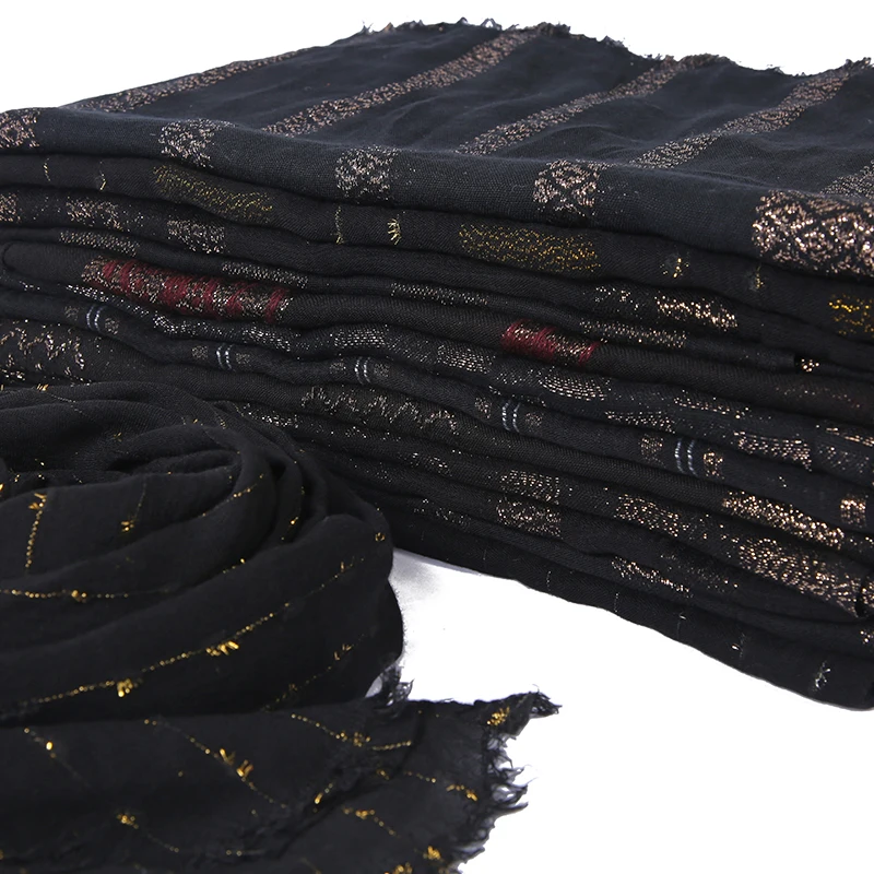 

New black viscose silver and glod thread viscose tassles Soft cotton scarf lady wraps Islamic bandana Muslim hijab Long mufflert