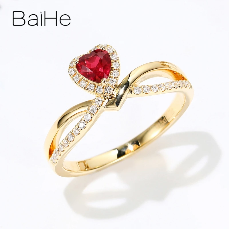 BAIHE Solid 14K Yellow Gold Natural Ruby Diamond Crown Heart Ring Women Gift Trendy Fine Jewelry Making anillo corona corazon