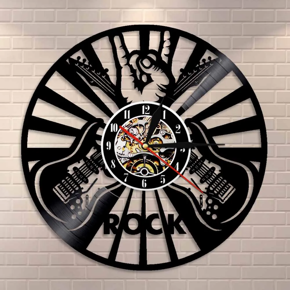 Rock N Roll Rock Hand Sign Wall Clock Creative Music Instrument Vinyl Record Wall Clock 3D Wall Watch For Living Room Decoration