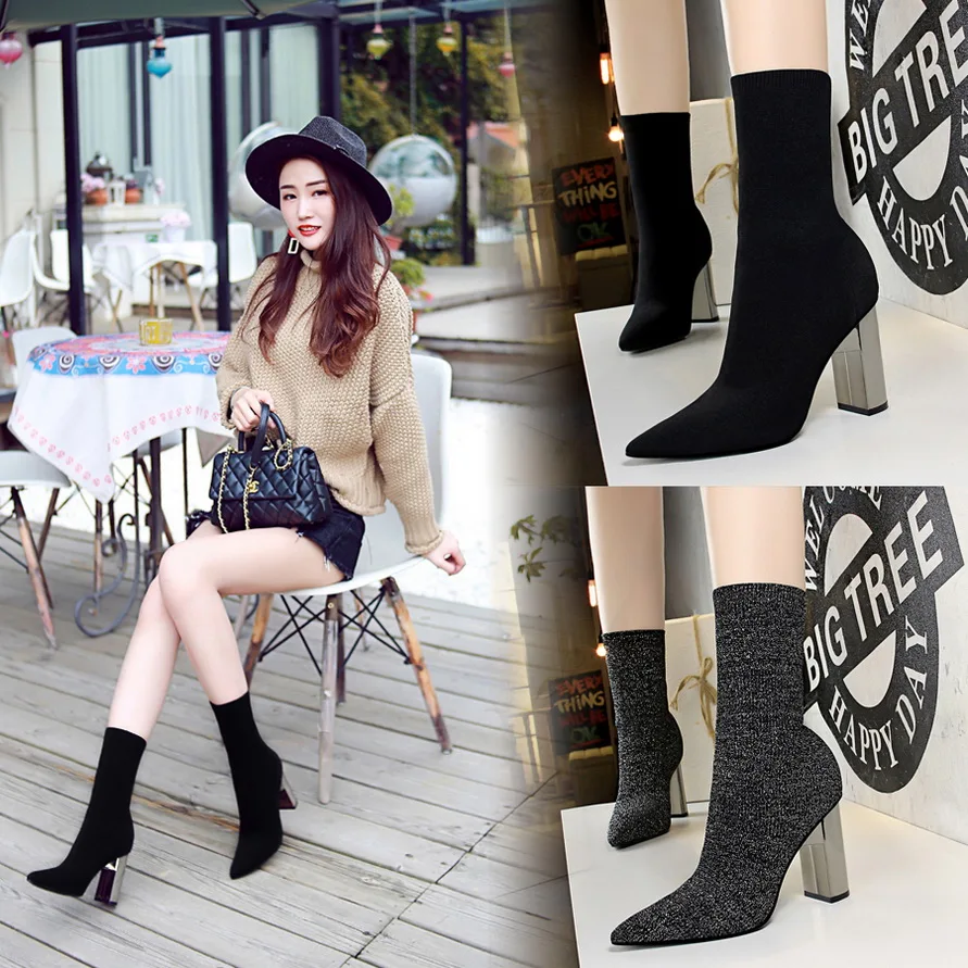 BIGTREE 2022 Winter Fashion Women Boots Pointed Toe Elastic Stretch Fabric Mid-Calf Women's Boots SewingSquare Heel Shoes 34-43