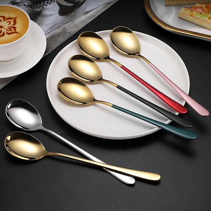 20CM Long Handle Stainless Steel Tableware Tea Coffee Mixing Spoon Golden Dessert Scoop Teaspoon Dinnerware Kitchen Accessories