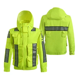 Mens Reflective Safety Jacket Tops Waterproof Breathable 300D Oxford Fabric With PU Coating Raincoat Rain Jacket