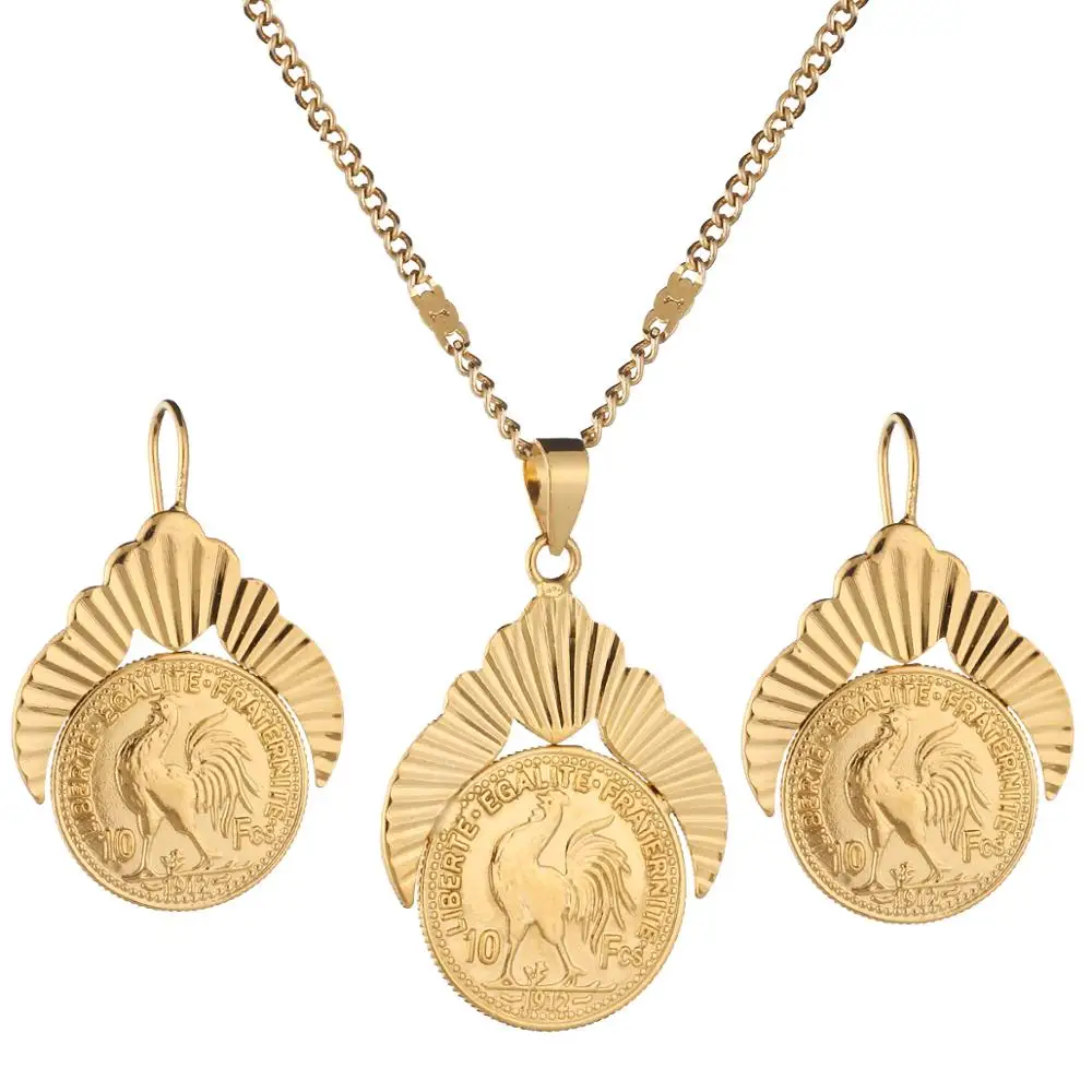 Gold Color Old French Coin Liberte Egalite Fraternite Coin 1912 Jewelry Sets Metal Coins Jewelry Sets