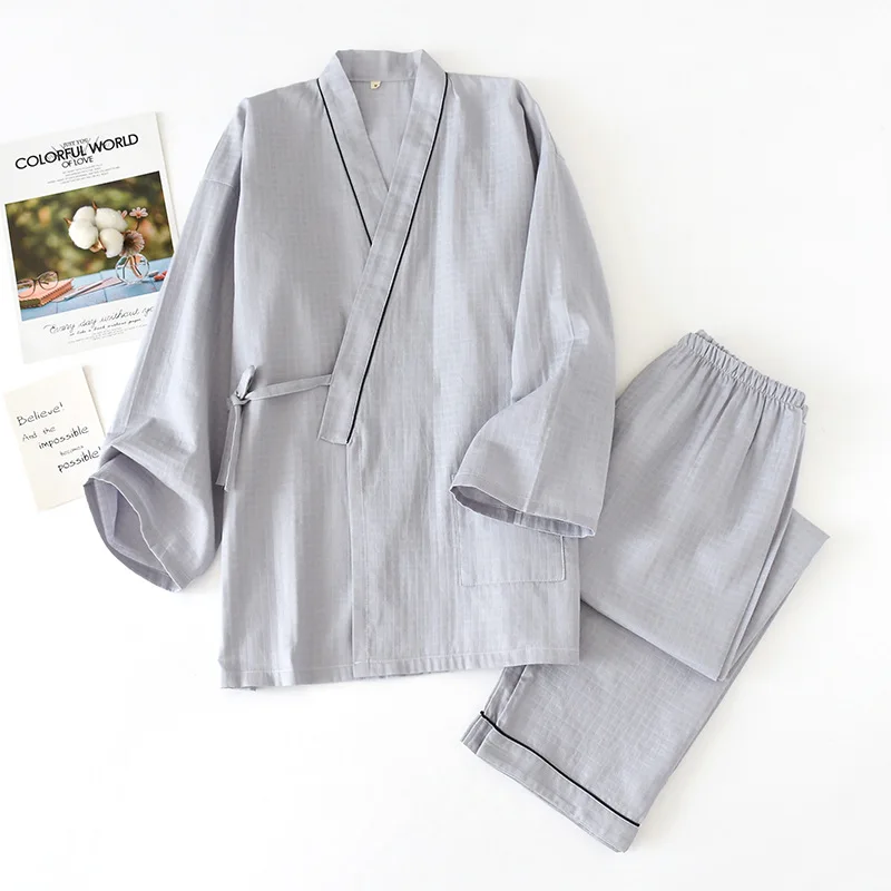 Japanese Pajama Men Spring And Autumn 100% Cotton Double Gauze Sweat Steamed Kimono Casual Sleepwear Intimate Lingerie пижама