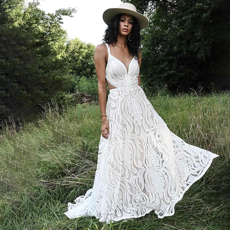 Vestidos de novia bohemios de manga larga con encaje y cuello en V, vestidos de novia con tirantes finos entrecruzados, vestidos de boda con espalda descubierta para sesión de fotos