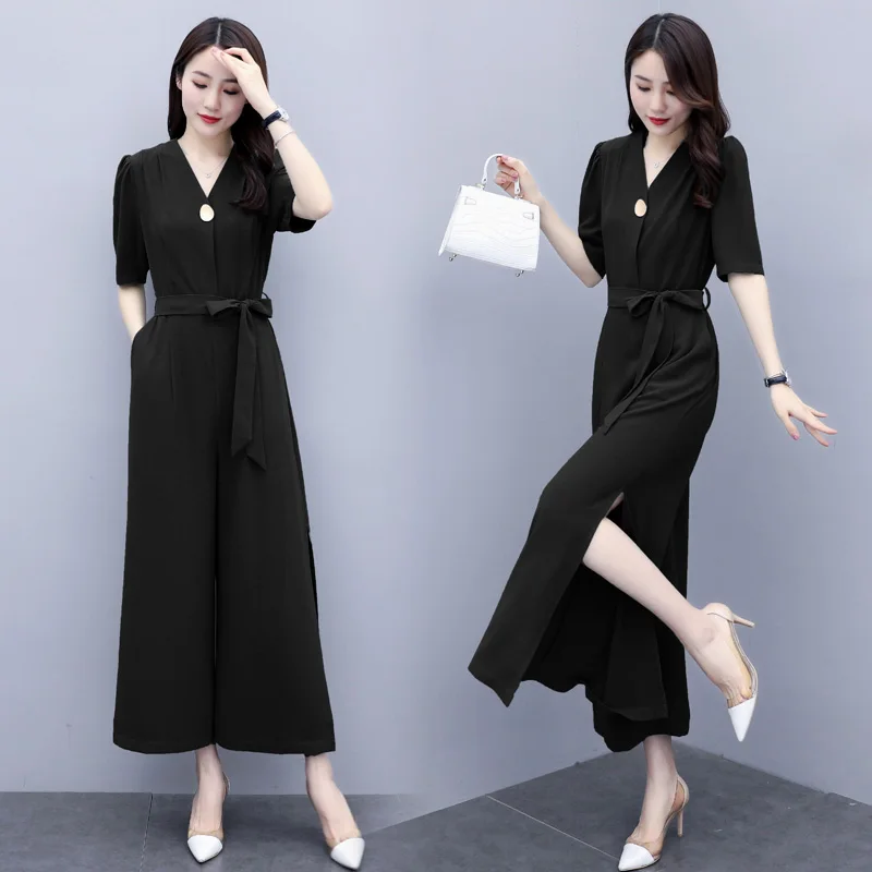 High Quality Women V-Neck Wide Leg Pants Rompers Summer Ladies Solid Color Jumpsuit Elegant Side Split Jumpsuits