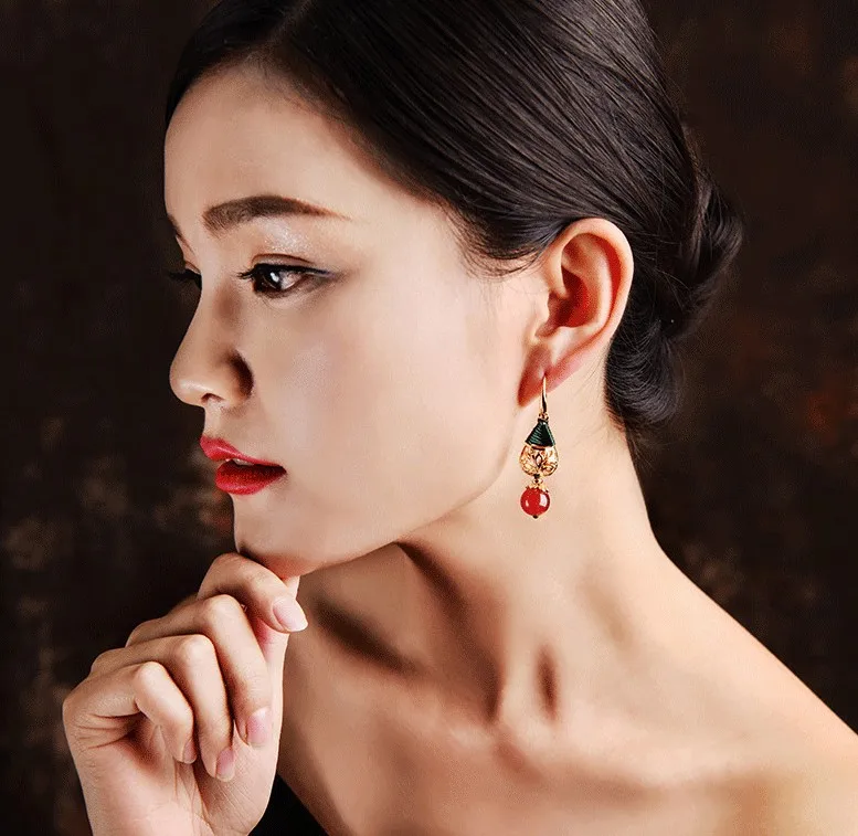 

New Chinese style long pendant gold-plated agate earrings ethnic style creative retro accessories