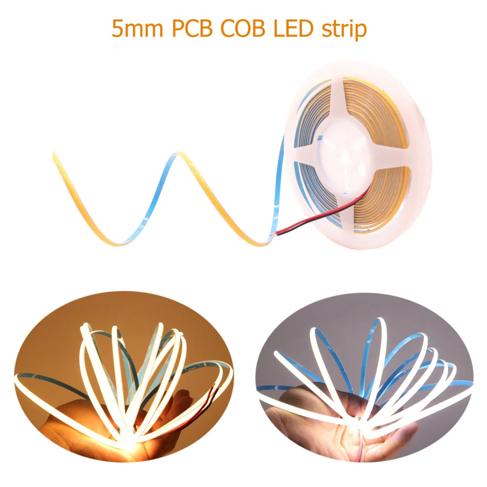 Светодиодная лента COB 5 мм, 384 светодиодов/м, супертонкая мягкая гибкая световая полоса, теплый и холодный белый свет, 3000K /4000K/ 6000K для декоративсветильник щения, 12 В постоянного тока/24 В
