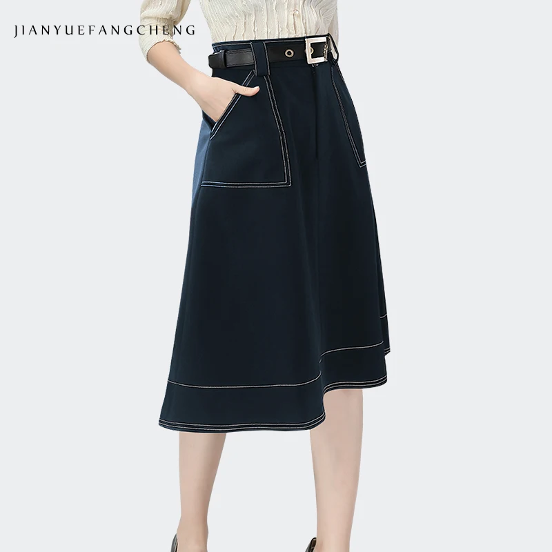 Ladies Casual Cover Belly Mid-Length Navy Skirt Female Summer 2021 New Fitted Waist Slimming Pockets A-line Skirts Plus Size