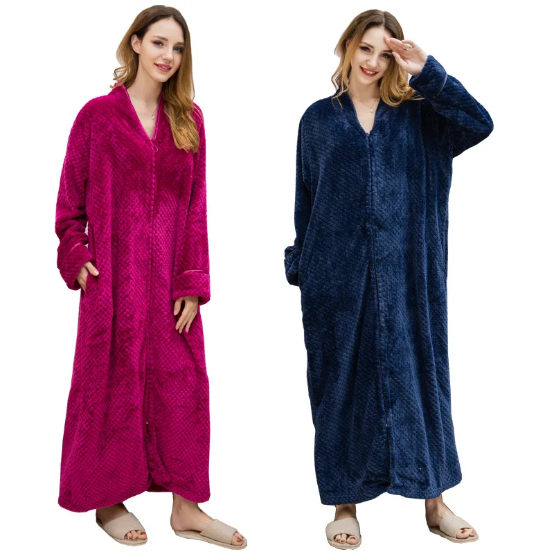 Autumn Winter Zipper Shellfish Velvet Bathrobe Plus Size Nightgown Men Women Thick Sleepwear Warm Flannel Extra Long Bath Robe