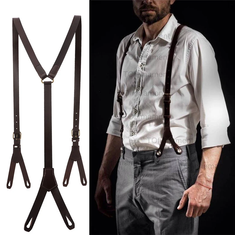 1.7cm High Quality Real Cowhide Split Leather Strap Women Men Unisex 6 Button Suspenders Cowboy Gril Wear