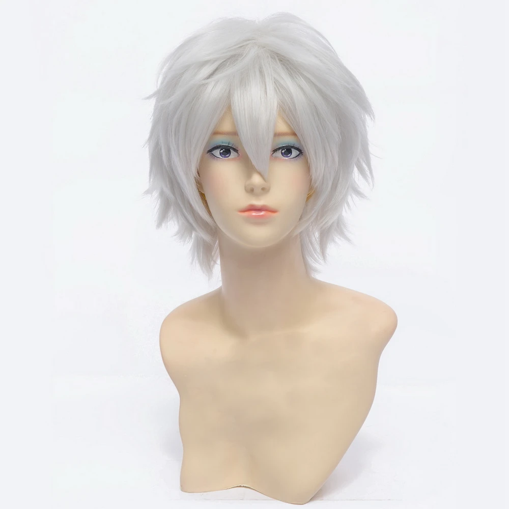 

Gintama Sakata Gintoki Cosplay Wigs Silver White Short Shaggy Layered Heat Resistant Synthetic Hair Wig + Wig Cap