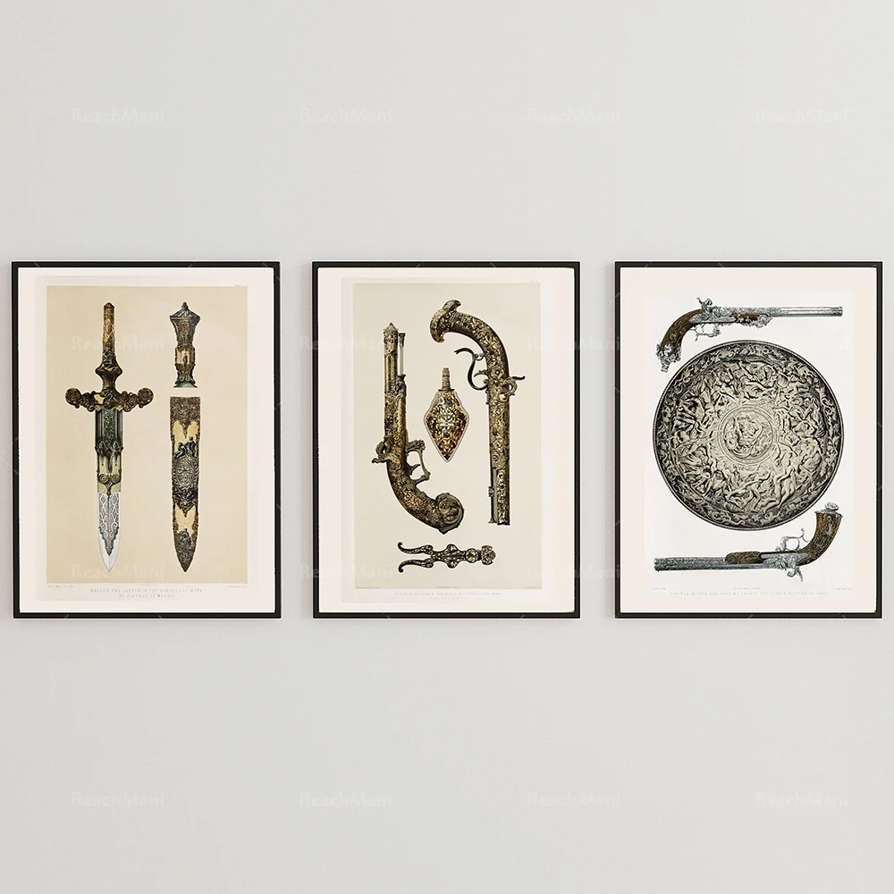 Engravings of dagger, pistol and shield from 1853, castle core, pistol knife, medieval art poster