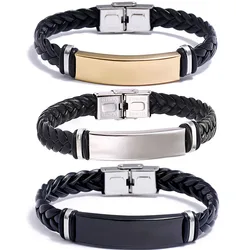 Leather Braided Stainless Steel Bracelet Bangle for Men Polished Plate Charm Wrap Bracelet Mens Wristband Friendship Jewelry