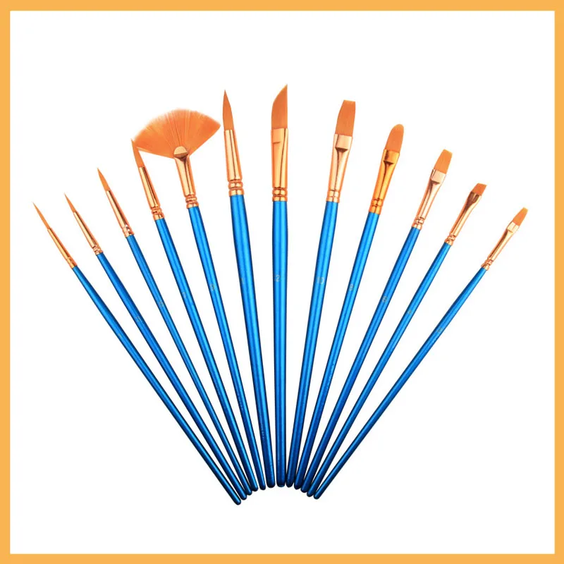 12 Piece Paint Brushes Professional Nylon Pinceles Set Of Various Styles Acrylic And Oil Brushes Art Supplies Wooden Penholder