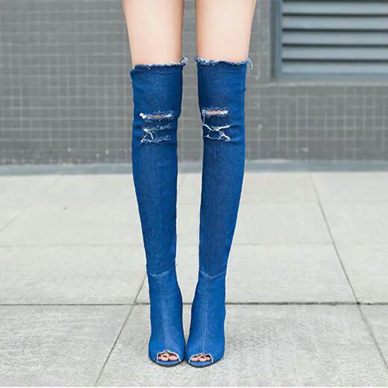 Fashion Autumn Women High Heels thigh high boots Female Shoes Hot Over The Knee Boots Peep Toe Cowboy Boots Denim shoes 785