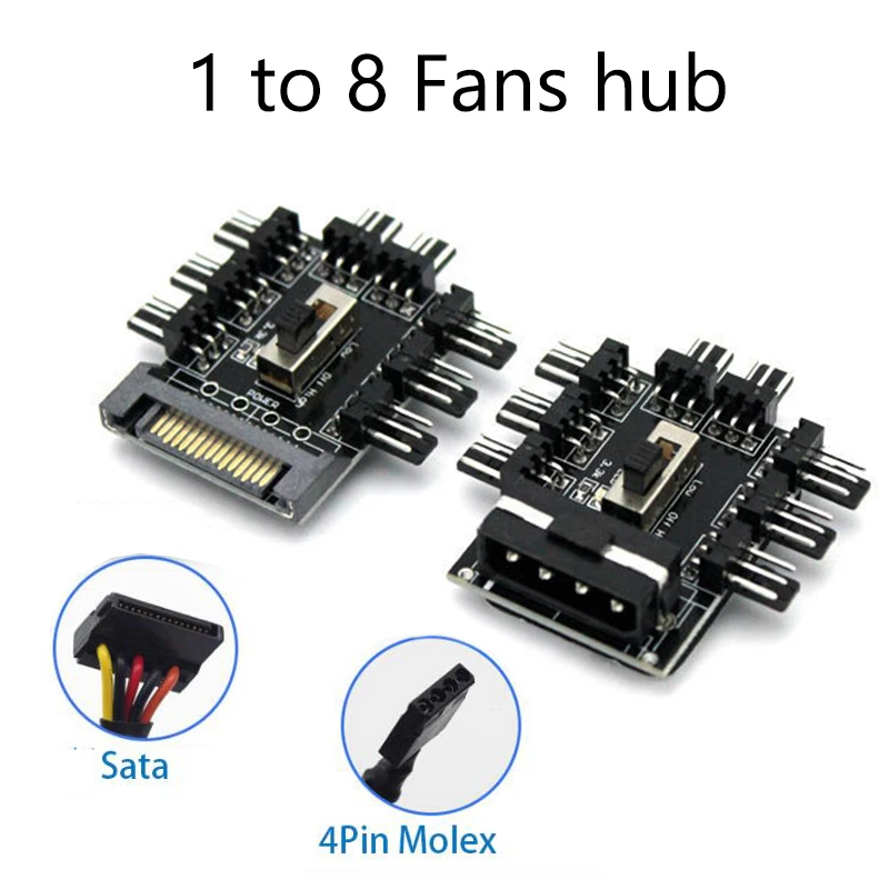 Fan Hub 1 to 8 3Pin Pwm Sata Molex Splitter PC Mining Cable 12V Power Suppply Cooler Cooling Speed Controller 4PIN/SATA Adapter