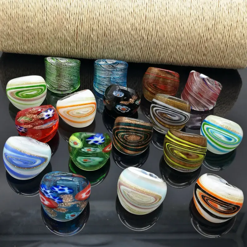 17PCS/Lot  Randomly Mixed With Colored Glaze Murano Glass Lampwork Rings For Women Foil  More 18-19 MM  Flower Party Gift