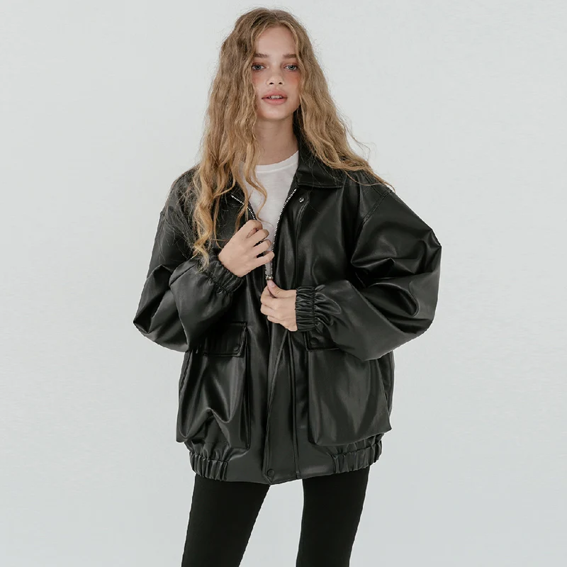 Lautaro-Oversized Leather Jacket for Women, Long Sleeve, Zipper, Turndown Collar, Loose Black, Faux Leather Jackets, 2021 Autumn