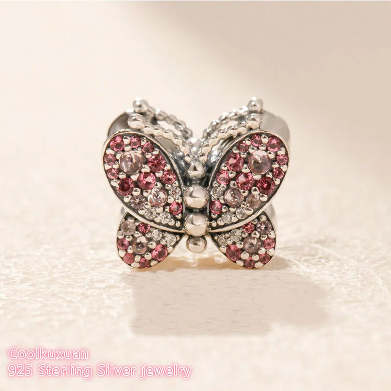 

Spring 100% 925 Sterling Silver Dazzling Pink Butterfly Charm Pink Crystal beads Fits Original Pandora bracelets Jewelry