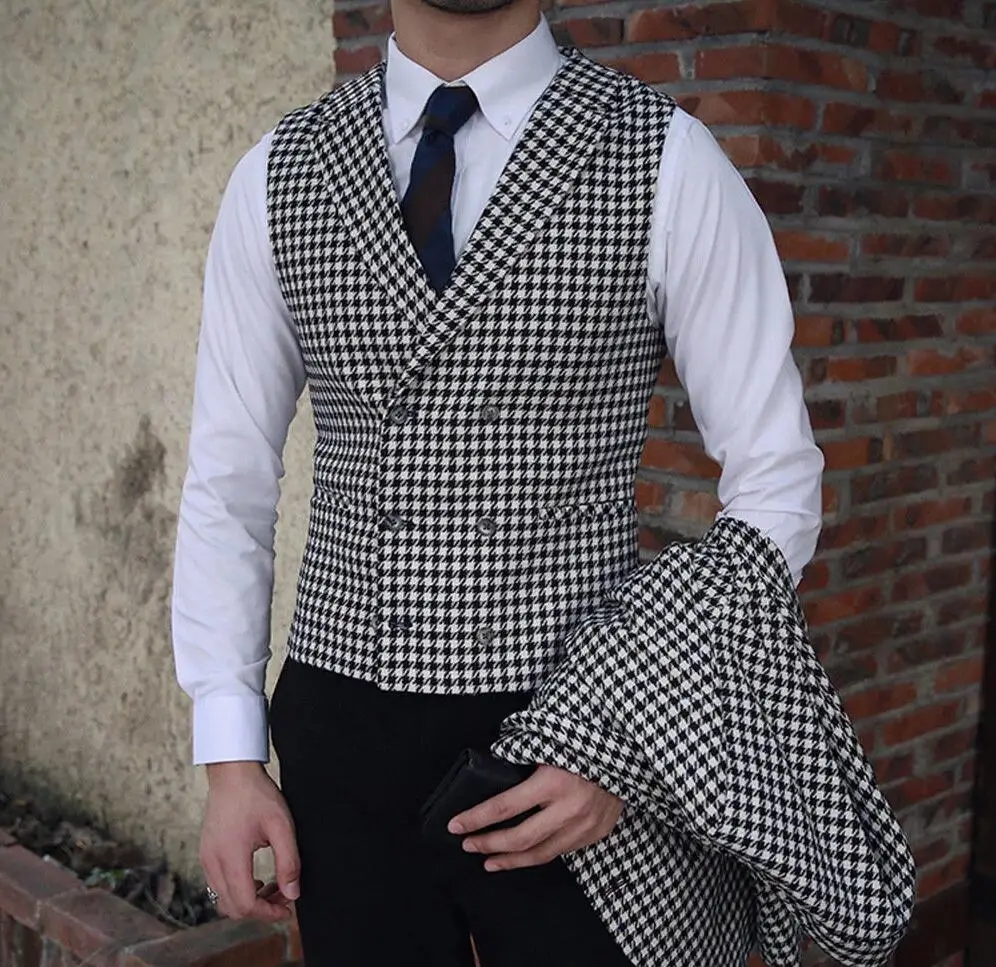 Men's Suits For Wedding Houndstooth Suits Double Breasted Vest Trousers Prom Tuxedos (Blazer+Vest+Pants)