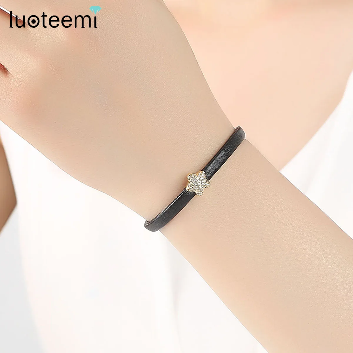 LUOTEEMI Gold-Color Trendy Handmade Black Leather Bracelet With Cubic Zirconia Star Beads Charm Bangle Bracelet for Women Gifts