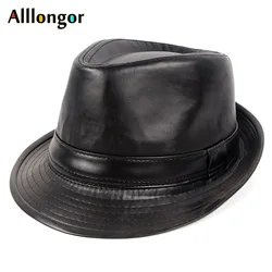 Fashion Pu Leather Gentleman Fedora Hat Men Autumn 2024 Fedoras Solid Black Vintage Dad Hats chapeau Femme Cap Panama Jazz Hat