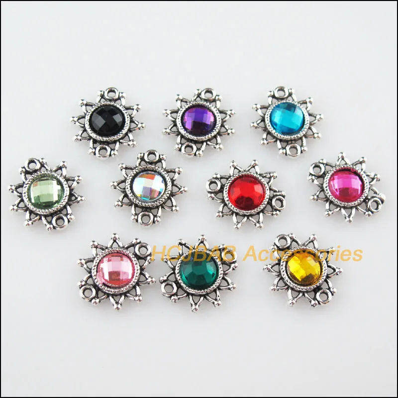 30 New Flower Acrylic Connectors Mixed Charms Tibetan Silver Tone Pendants 14x15mm