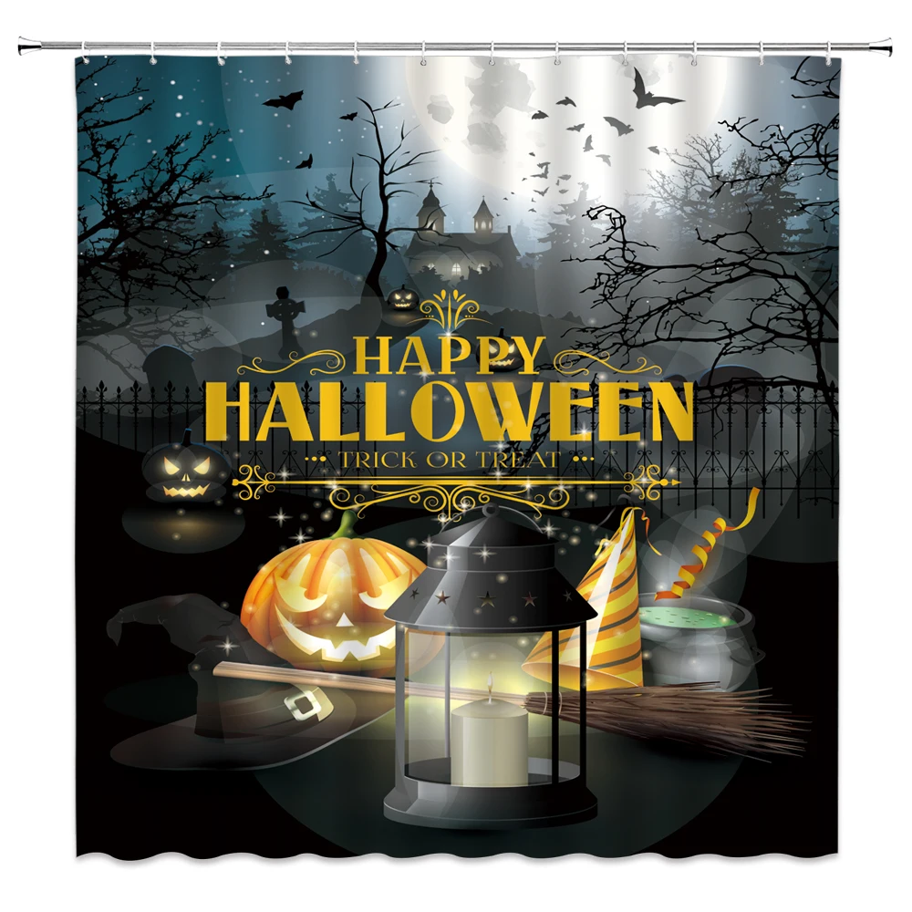 Halloween Shower Curtains Evil Pumpkin Lantern Witch Hat Broom  Horror Night Holiday Bathroom Decor Polyester Fabric Curtain Set