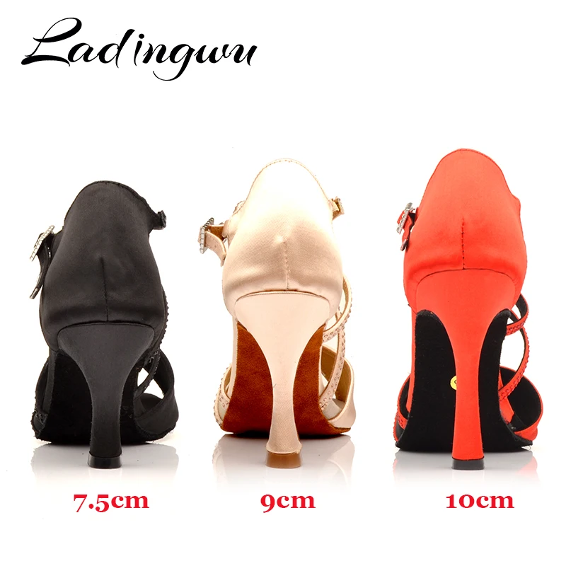 Ladingwu New Latin Dance Shoes Women Salsa Ballroom Dancing Rhinestone Shoes Unique Tailoring Design Silk Satin Skin color Red