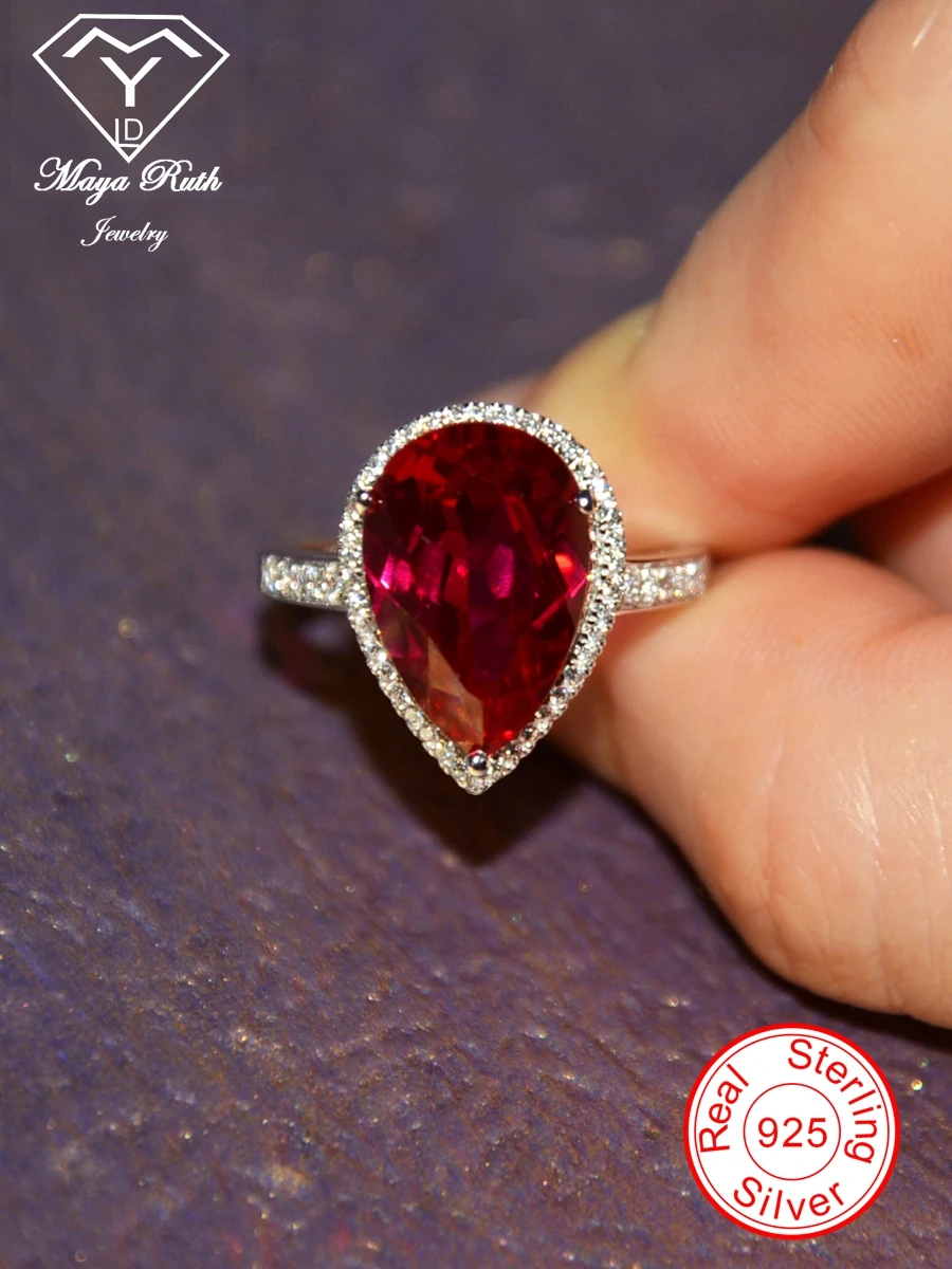 Gemaakt Ruby Real Echt 925 Sterling Silver Party Cocktail Ring Voor Vrouwen Peer Druppelvorm Imitatie Rode Edelsteen Vrouwelijke Geschenken