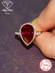 Created Ruby Real Echt 925 Sterling Silver Party Cocktail Ring For Women Pear Drop Shape Imitation Red Gemstone Female Gifts