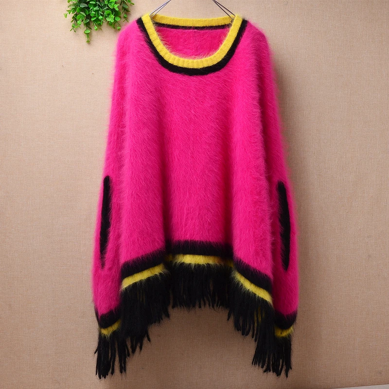 

top quality female women hairy mink cashmere knitted Korean fashion tassel batwing sleeves loose pullover mantle angora jumper