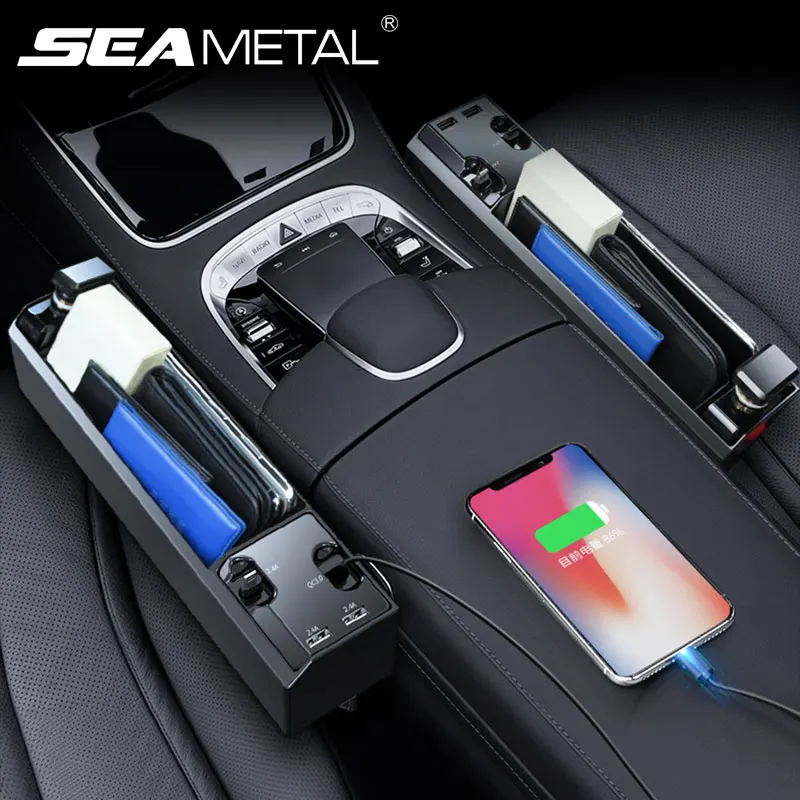 SEAMETAL Caixa de armazenamento para assento de carro com cabo de carga Organizador multifuncional para carro Porta USB dupla Carregador de telefone para iPhone/Android