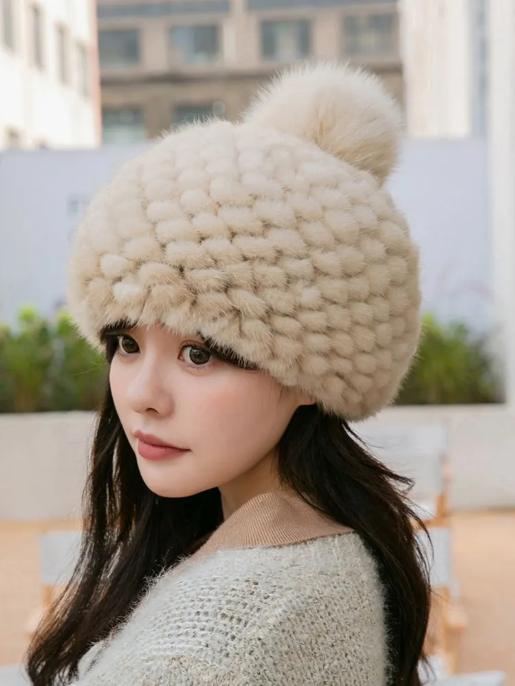 

2021 Women Winter New Mink Fur Hats Korean Woven Fur Caps Pineapple Beret Ear Protection Fashion Warm Lovely