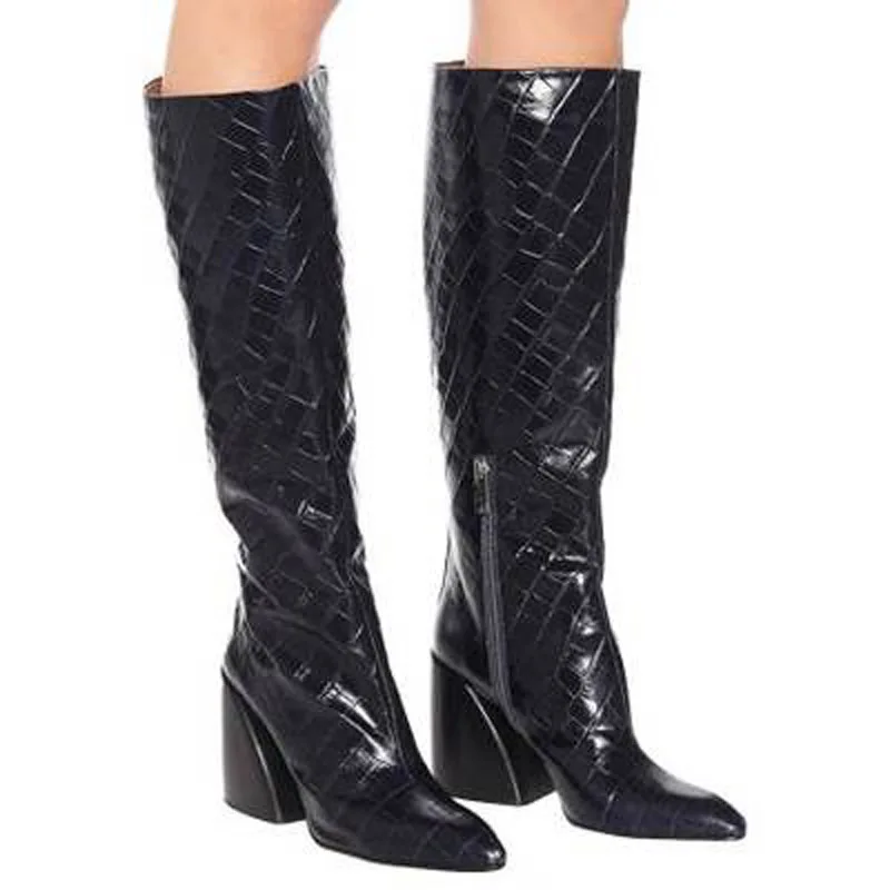 сапоги женские thigh high Chunky high Heels Long botines pointed toe Zipper Knee-High fashion Motorcycle Ladies boots woman