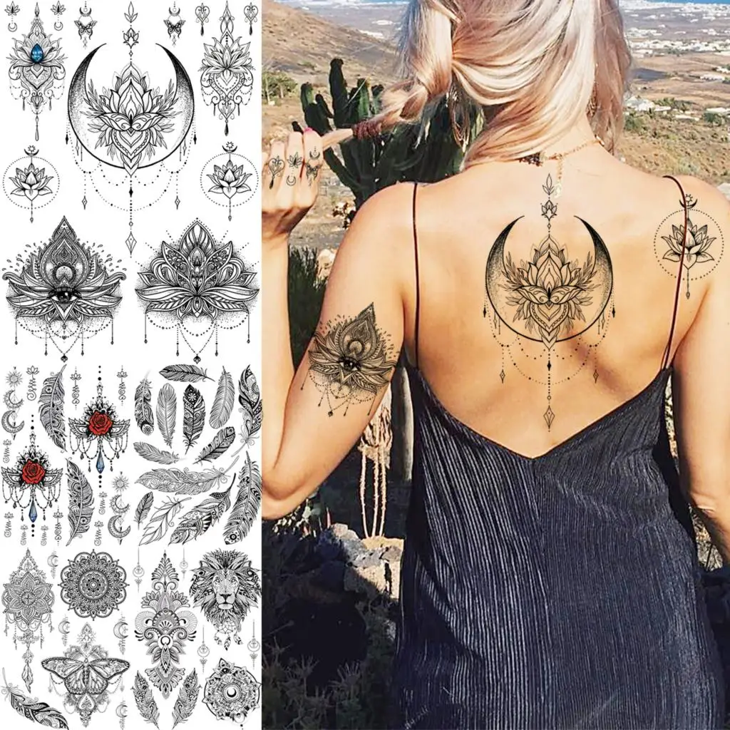 3D Lotus Henna Moon Pendant Back Temporary Tattoos For Women Adult Feather Lion Butterfly Fake Tattoo Arm Waterproof Tatoos