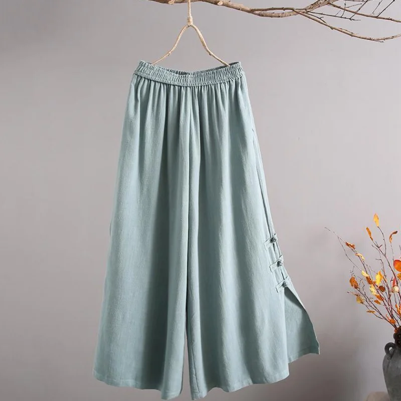 

Lady Cropped Pants Vintage Elastic Waist For Middle Aged Women Casual Loose Solid Trousers Cotton Linen Wide Legs Beach Boho