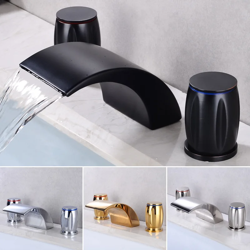 

MTTUZK ORB Deck Mounted Golden Waterfall Faucet Basin Faucet Brass Hot and Cold Water 3 Holes Washbasin Mixer Tap